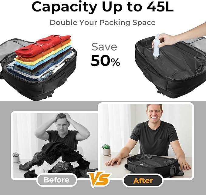 Vacuum Compression Backpack for Travel, Carry-On Backpack with Vacuum System & Pump, Packs Like 40L for 2-5 Day Trips, Fits 17" Laptop, Water-Resistant Personal Item Travel Backpack for Men / Women