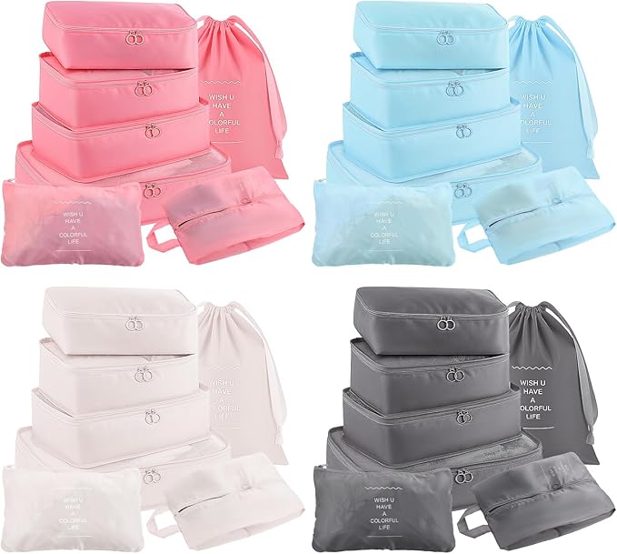 28 Set Packing Cubes for Travel Luggage Organizer Bags Foldable Travel Organizers with Mesh Shoe Bags Toiletry for Suitcases Family Trips Camping (Beige Gray Pink Light Blue)