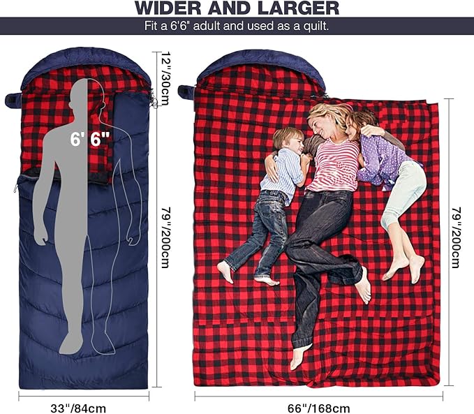 REDCAMP Flannel Sleeping Bag for Adults, Comfortable Cotton Envelope Sleeping Bags for Camping, Backpacking, Hiking, with Detachable Hood&Compression Sack, Blue/Red/Grey/Black