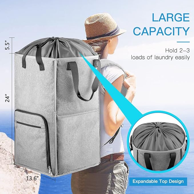 Bukere Laundry Backpack Bag, Extra Large 2 in 1 Laundry Hamper Basket for College Students Dorm Essentials, Adjustable Shoulder Straps, Freestanding Laundry Bag(Grey&Grey)