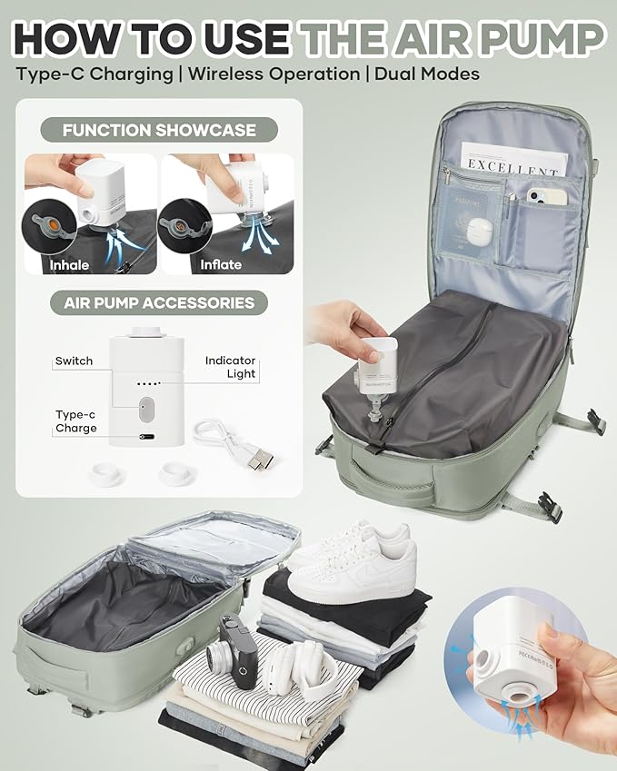 WONHOX Vacuum Seal Travel Backpack with Air Pump,Compression Vacpack Waterproof Carry On Backpack for Travel Women Men with Vacuum System Approved Daypack Airlines Laptop Space Saver Bags GrassGreen