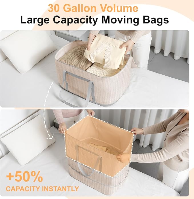 Comforter Storage Bag - 120L Bedding Storage Bags for Closet and Moving, Washable Blanket Storage Bag, Ultra Space Saving Self Compression Organizer, 2-Pack, Beige