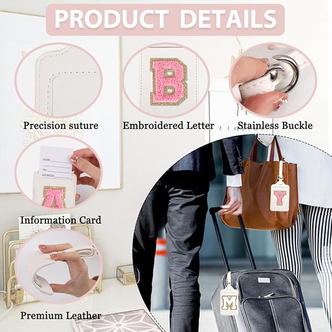 Personalized Initial Luggage Tags for Suitcases, Leather Chenille Letter Cute Luggage Tags with Privacy Name Card, Embroidered Travel Bag Backpack Tag Gifts for Women Kids Girls Teens(White-C) - Image 3