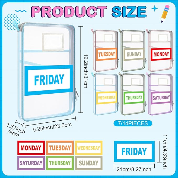 Honoson 14 Pack Packing Cubes for Travel Days of Week Packing Cubes with Labels Clear Zippered Storage Bag for Travel Summer Camp Essentials