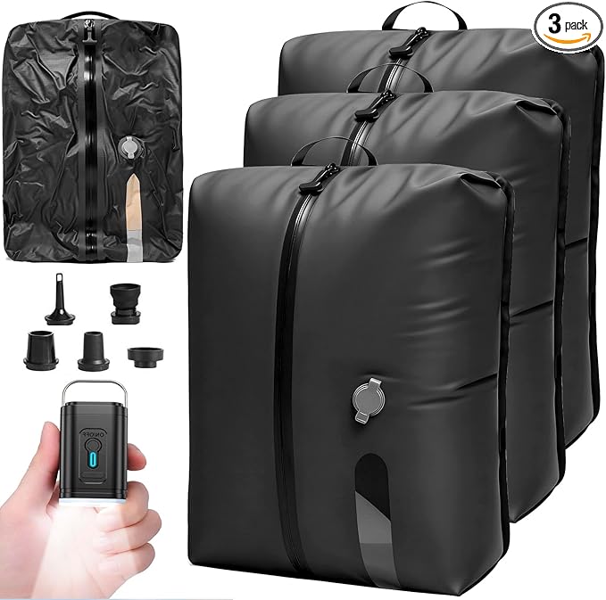 LONGHIKER Travel Vacuum Bags with Pump – Reusable Airless Space Saver Vacuum Storage Bags Compression Bag for Carry-On Suitcase & Backpack, IPX8 Waterproof TPU Vacuum Seal Bags for Clothing(3PC-18L)