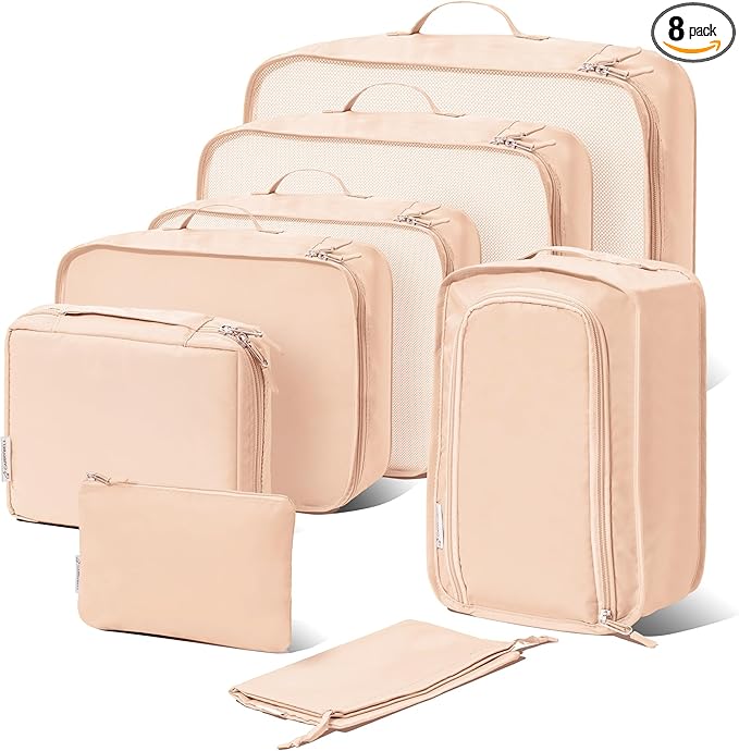 (Not Made In China) Packing Cubes For Travel, Luggage and Suitcase Organizer Bags, Carry On and Backpack Space Savers, Lightweight Waterproof Nylon, 8pc Set Beige