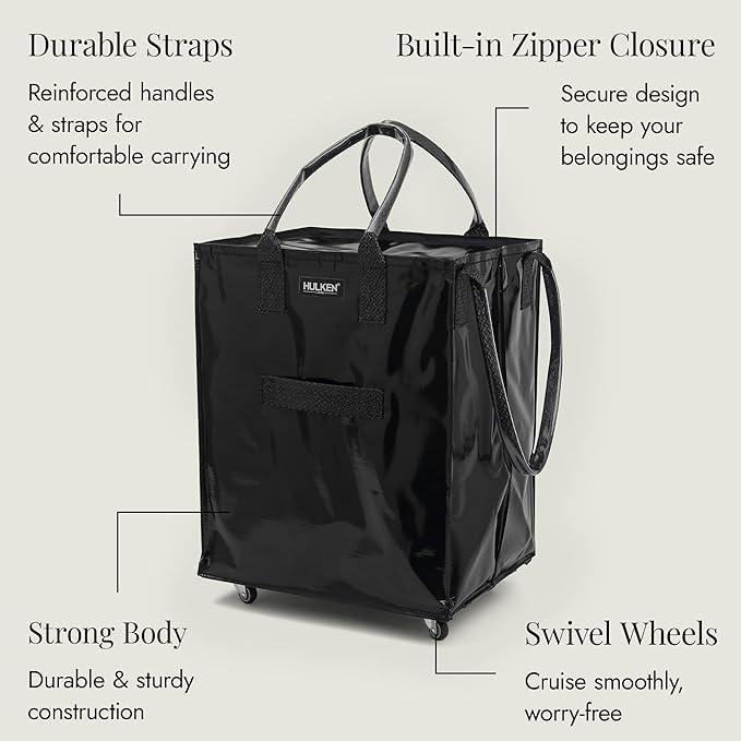 HULKEN - Large, Black - Reusable Grocery Bag On Wheels, Shopping Trolley, Rolling Tote, Zipper Closure, Lightweight, Carries Up to 66 lb & Fits 5 Grocery Bags, Folds Flat, Unbreakable Handles