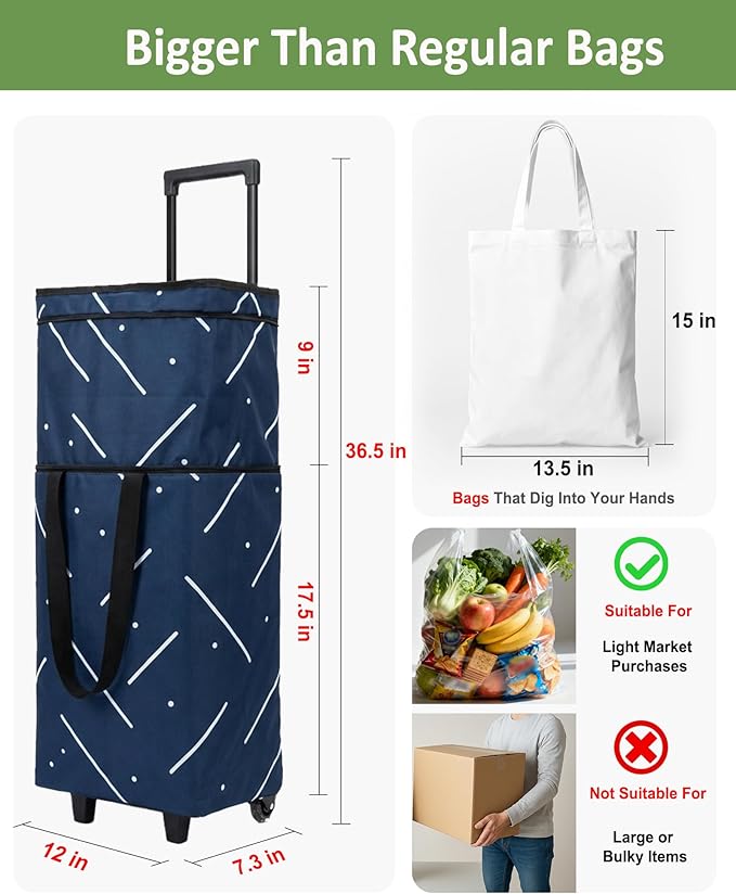 Foldable Rolling Bag, Portable Small Shopping Cart with Wheels, Collapsible Shopping Tote with Stylish Pattern for Market & Grocery Runs–Gift for Women & Seniors, Pro L, greengrid