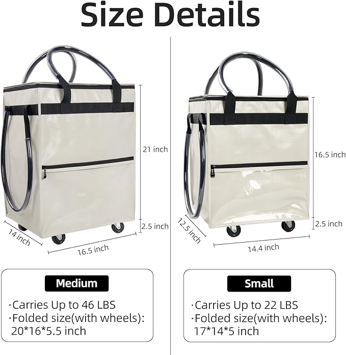 Reusable Grocery Bag on Wheels, (Medium, Beige) Rolling Shopping Bags with Wheels and Handle, Folding Rolling Tote Trolley, 3 Pockets and Zipper Cover, Carries Up to 46 LBS