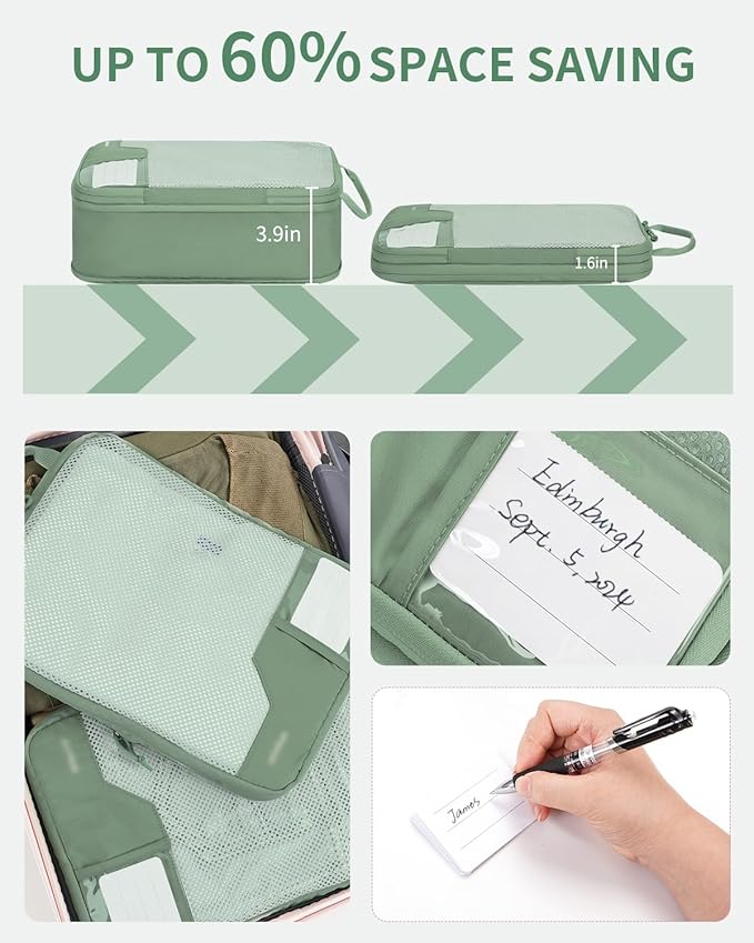 ECOHUB 4 Set Compression Packing Cubes for Travel Essentials, Suitcases Organizer Bags with Tag, Travel Bags Organizer for Luggage, Green-Compress
