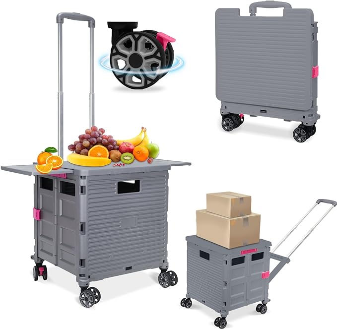 FELICON SELORSS Folding Utility Cart Rolling Crate Tote Basket Box Storage Handcart on 4 Swivel Wheels with Adjustable Handle Extended Magnetic Lid for Teacher Move Shop Travel Grocery Office(Gray)