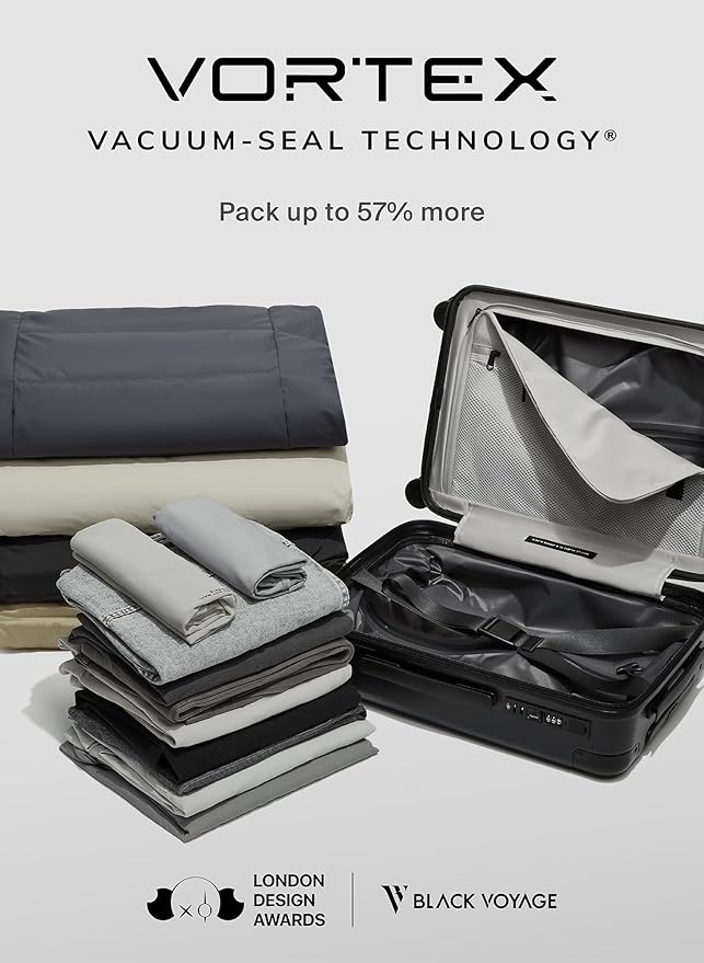 BlackVoyage Air Vacuum Seal Suitcase Carry-On 20-Inch Travel Luggage USB Port 20" AirCabin Air Compression Pump (Matte Black - Pro, 50L Capacity (1 Vacuum Bag))