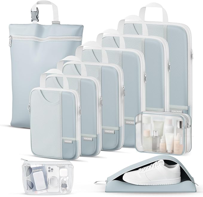 Percover Compression Packing Cubes for Travel, 10-Piece Structured Compression Organizer Set with Toiletry Bag, Laundry Bag & Shoe Bag for Carry-On & Checked Luggage, Slate Blue