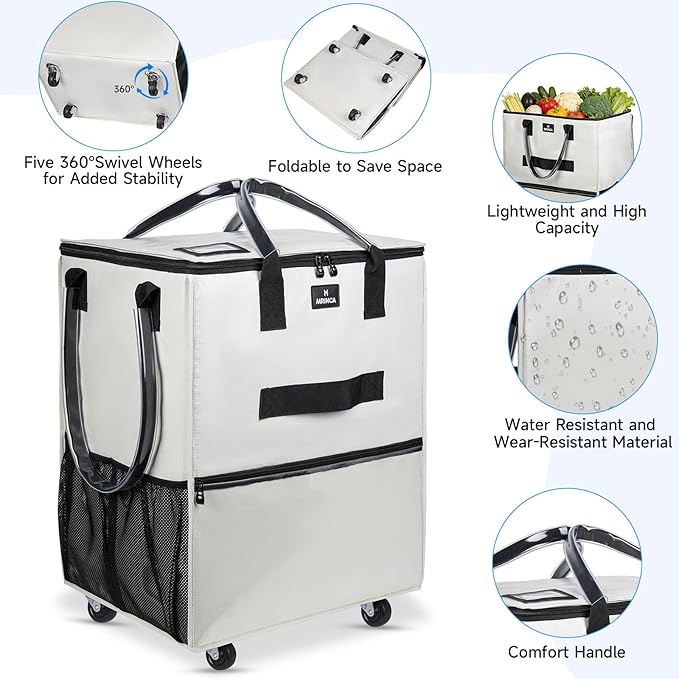 Reusable Grocery Bag On Wheels, Foldable Rolling Tote with 6 Pockets & 3-Way Carry, Heavy Duty Handles, Zippered Top for Groceries, Laundry, Storage, Small, Beige