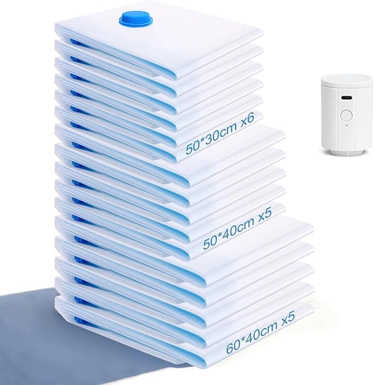 16 Pack Travel Vacuum Bags With Wireless Pump, Portable Compression Bags for Travel, Space Saver Vacuum Seal Bags for Clothing, Luggage, Pillows, Comforters, Reusable & Durable (16 PCS)
