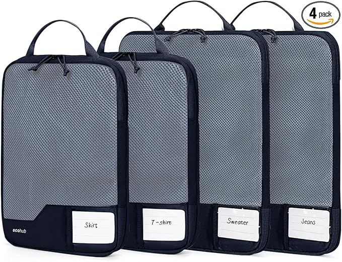 ECOHUB 4 Set Compression Packing Cubes for Travel Essentials, Suitcases Organizer Bags with Tag, Travel Bags Organizer for Luggage, Navy Blue-Compress