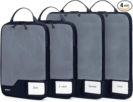 ECOHUB 4 Set Compression Packing Cubes for Travel Essentials, Suitcases Organizer Bags with Tag, Travel Bags Organizer for Luggage, Navy Blue-Compress