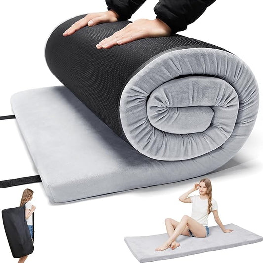 Foam Camping Mattress - Portable Sleeping Pad for Camping, Tent, Car & Floor - Washable Cover & Roll Up Travel Bag - Cot Mattress for Travel & Guests