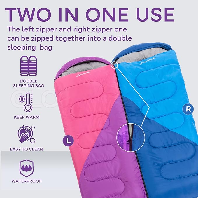 Clostnature Sleeping Bag for Adults and Kids - Lightweight Camping Sleeping Bag for Girls, Boys, Youths, Ultralight Backpacking Sleeping Bag for Cold Weather - Compression Sack Included(Right Zipper)