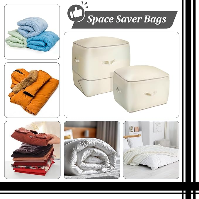 4PCS Comforter Storage Bag 125L Large Capacity Blanket Storage Bags 2-Layer Ultra Space Saving Self Compression Organize Closet Organizers for Comforter Blanket Duvet Down Jacket (Beige)
