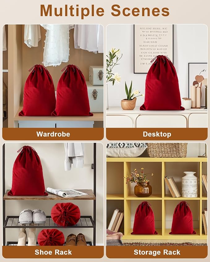 FantasyLife Shoe Bags for Travel, Washable Dust Bags for Storage & Packing, Flannel Shoe Pouch with Drawstring Closure for Purses, Handbags, Shoes & Toys (2, Rio Red, 17.3"x12.6")