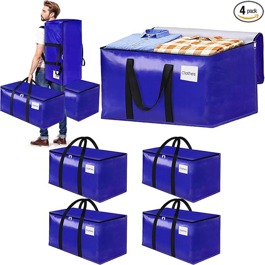 FabSpace 4-Pack Moving Bags with Backpack Straps & Carry Handles, 25 Gallons-93 L Heavy Duty Storage Totes for Space Saving, Foldable Storage Bags for College Dorm, Travel, Camping (Blue)