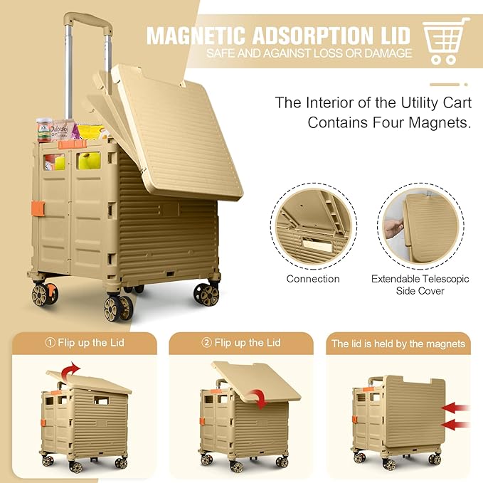 FELICON SELORSS Folding Utility Cart Portable Rolling Crate Handcart with Magnetic Sliding Lid Telescoping Handle Plastic Box Dolly 360°Swivel Wheels for Travel Shop Move Office Teacher(Khaki Pro)