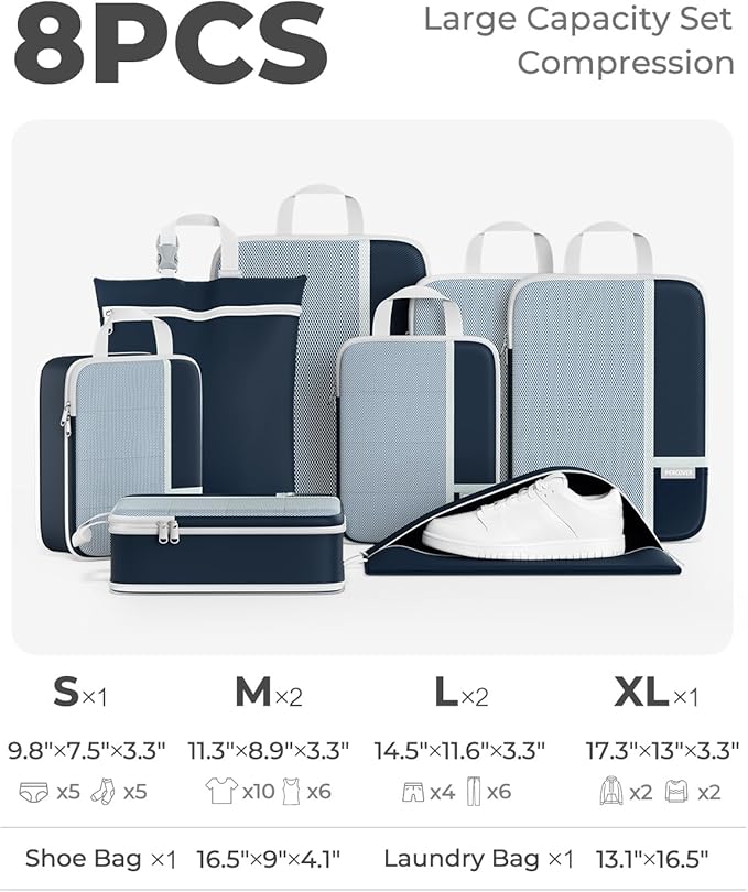 Percover Compression Packing Cubes for Travel, 8-Piece Structured Compression Organizer Set with Laundry Bag & Shoe Bag for Carry-On & Checked Luggage, Navy Blue