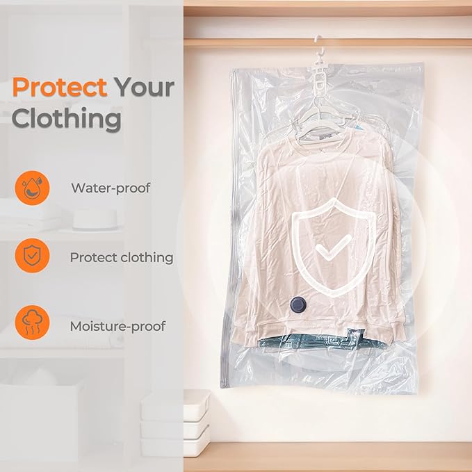 Vacbird Hanging Vacuum Storage Bags for Clothing 4 Pack Hanging Vacuum Seal Bags for Clothing Suit Bags Closet Storage, Hanging Plastic Clothes Cover for Coat, Dress, Fur, Shirt