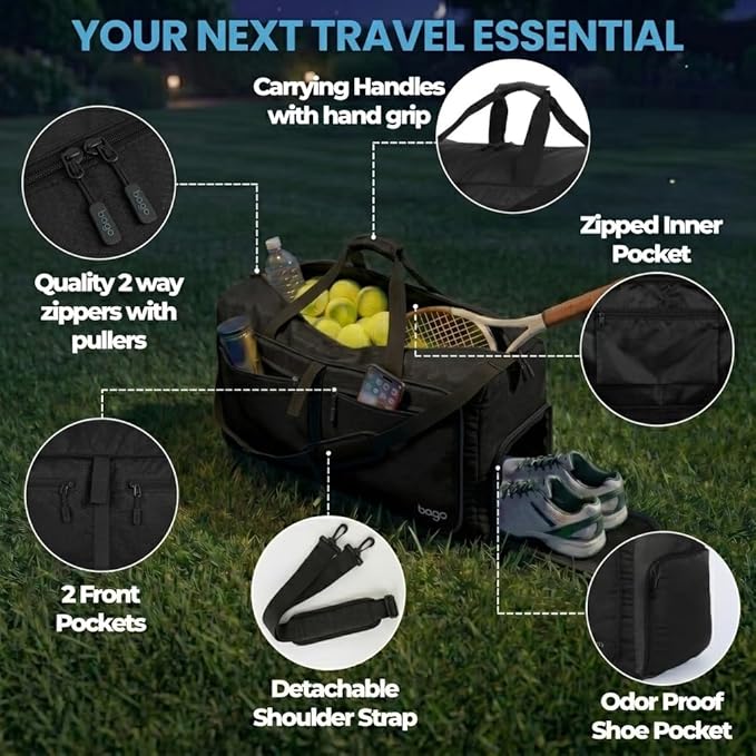 Bago Medium Duffle Bag for Travel Women & Men. Durable Lightweight Foldable Travel Duffel Bags For Traveling Women. 60L Duffle Bags For Overnight Bag With Shoe Compartment Collapsible Weekender duffel