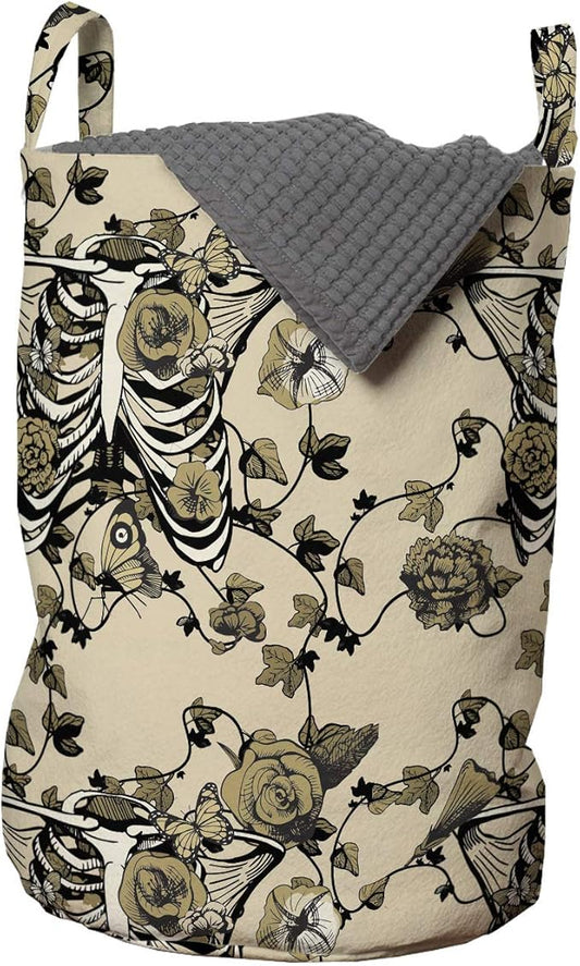 Ambesonne Gothic Laundry Bag, Chest Bones Ribcage Flowers Butterflies Autumn, Hamper Basket with Handles Drawstring Closure for Laundromats, 13" x 19", Mustard Tan
