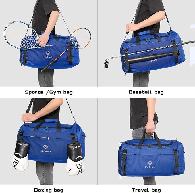 Extra Large Sports Gym Bag, Travel Duffel bag with Wet Pocket & Shoes Compartment for men women, 85L, Lightweight （Blue）