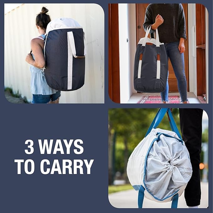 CleverMade Laundry Duffel Backpack Bag, 62L Large Laundry Bag with Straps, Drawstring Closure, Heavy Duty Laundry Backpack for Dorm, Travel, Gym, College, XL Foldable Hamper Tote, Charcoal Cream