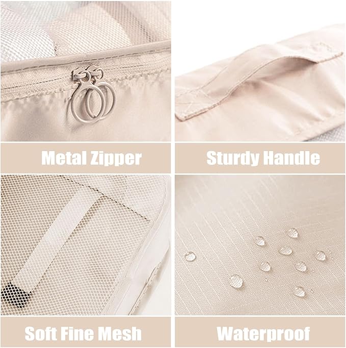 8 Set Packing Cubes for Suitcases, INVODA Travel Luggage Packing Organizers with Laundry Bag, Compression Storage Shoe Bag, Clothing Underwear Bag (Beige)