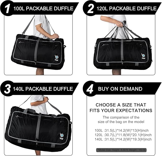 Bago Extra Large Duffle Bag for Travel Women & Men. Durable, Lightweight, Foldable Travel Duffel Bags For Traveling Women. 120L Duffle Bags Use As a Weekender Bag with Shoe Compartment, Checked Duffel