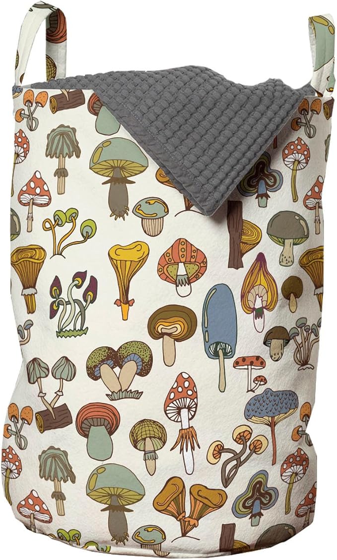 Ambesonne Colorful Laundry Bag Pack of 2, Pattern of Mushrooms Designs in Cartoon Style Abstract Illustration Print, Hamper Basket with Handles Drawstring Closure, 13" x 19", Brown Beige