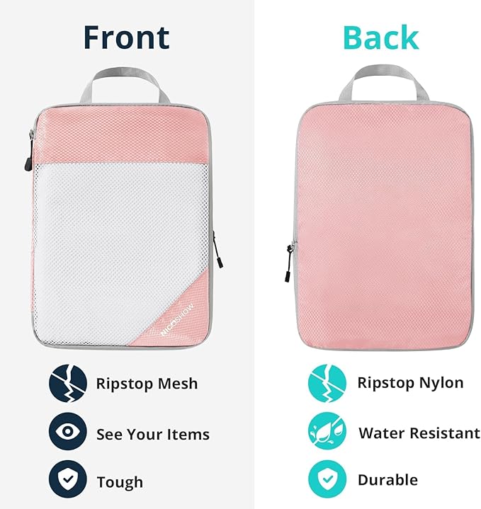 Compression Packing Cubes 10 Set, Compressible Space-Saving Packing Cubes for Travel - Compression Bags, Luggage Organizer, Travel Essentials for Women, Pink