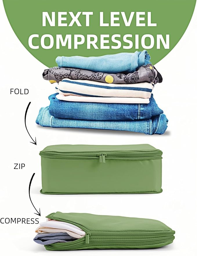 6 Set Compression Packing Cubes for 7–14 Day Travel, Durable Nylon Oxford Luggage Organizers with IP6X Waterproof Toiletry Bag, Expandable Suitcase Packing System (Forest Green)