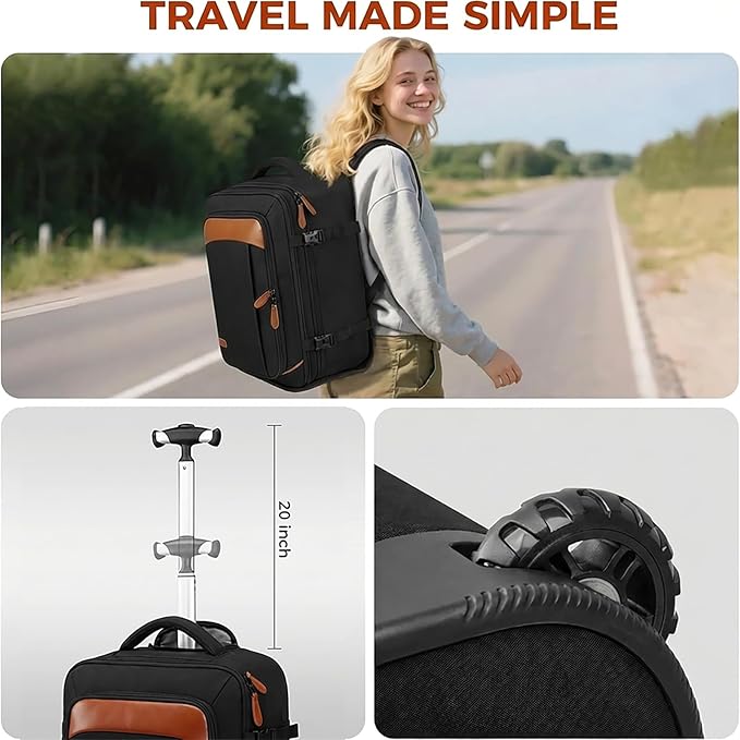 Vancropak Travel Backpack with Wheels, 17 inch Carry On Flight Approved Wheeled Laptop Backpack with 3 Packing Cubes, Expandable Water Resistant Lightweight Roller Backpack for Business, Black Brown