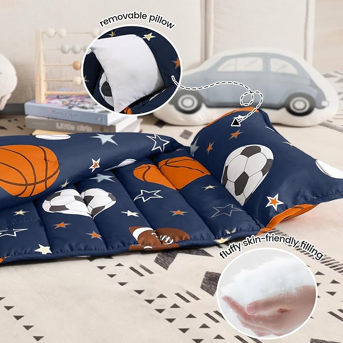 PHF Ball Toddler Nap Mat Set, with Removable Pillow for Toddler Boys, Soft and Lightweight for Daycare, Preschool, Travel, Kindergarten Sleeping Bag, Fits Ages 3-6 Years, Ball