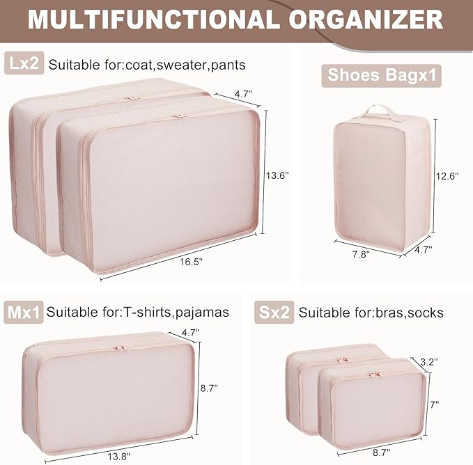 Packing cubes for Travel 6 Set Luggage Organizer Bags Packing Cubes for Suitcases Travel Essentials for Carry on Mesh Suitcase Organizer with Shoe Bag (cream)