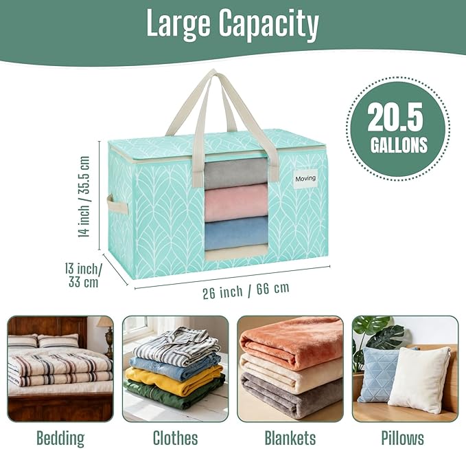 VENO 4 Pack Heavy Duty Moving Bags, Clothes and Comforter Storage Bags with Clear Window, College Dorm Essentials Packing Supplies, Foldable Boxes Alternative (Evergreen, 4 Pack)