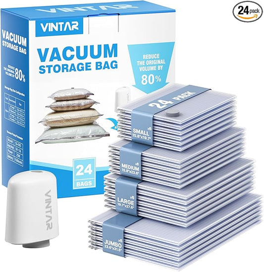 Travel Vacuum Seal Bags for Clothing with Rechargeable Cordless Pump, VINTAR 24 Pack (6J+6L+6M+6S) Carry-on Size Space Saver Vacuum Storage Bags, Compression Packing Bags for Luggage and Suitcase