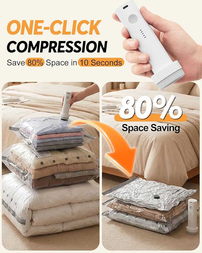 Vacuum Bags for Travel with Rechargeable Air Pump, 15 Pack Carry-on Size Compression Packing Bags to Maximize Space & Travel Storage, Space Saver for Clothes, Bedding and Pillows