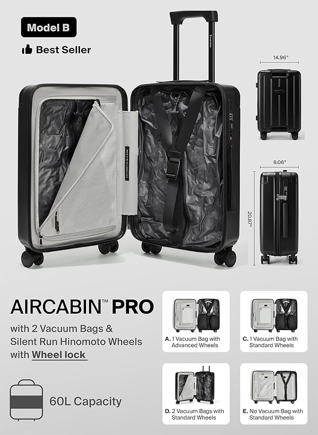 BlackVoyage Air Vacuum Seal Suitcase Carry-On 20-Inch Travel Luggage USB Port 20" AirCabin Air Compression Pump (Matte Black - Pro, 60L Capacity (2 Vacuum Bags))