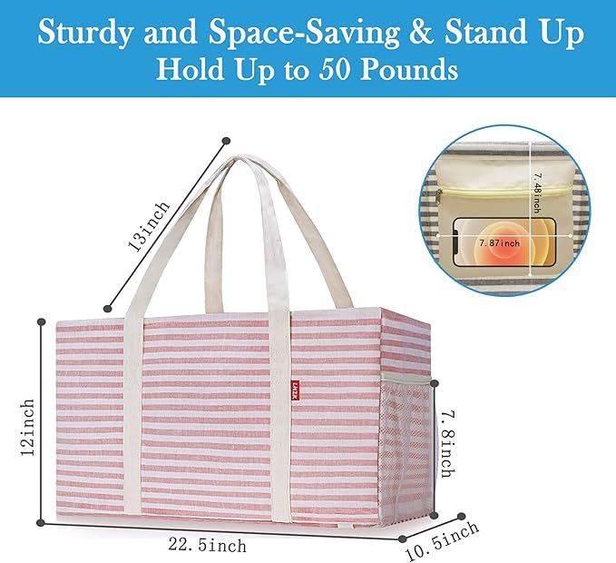 LHZK 2 Pack Extra Large Utility Tote Bag with Metal Wire Frame and the Sides Rinforced, Extra Large Tote Bag with Handle for Pool Beach Laundry Storage (Pink)
