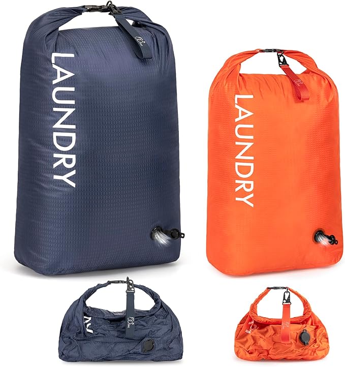 WiseBoy Compression Laundry Bag 2 Pack, Pump-Free Travel Laundry Bag for Dirty Clothes, Waterproof Wet Dry Bag, Space Saving Packing Organizer for Suitcase, Gym & Swim (Navy Blue & Orange)