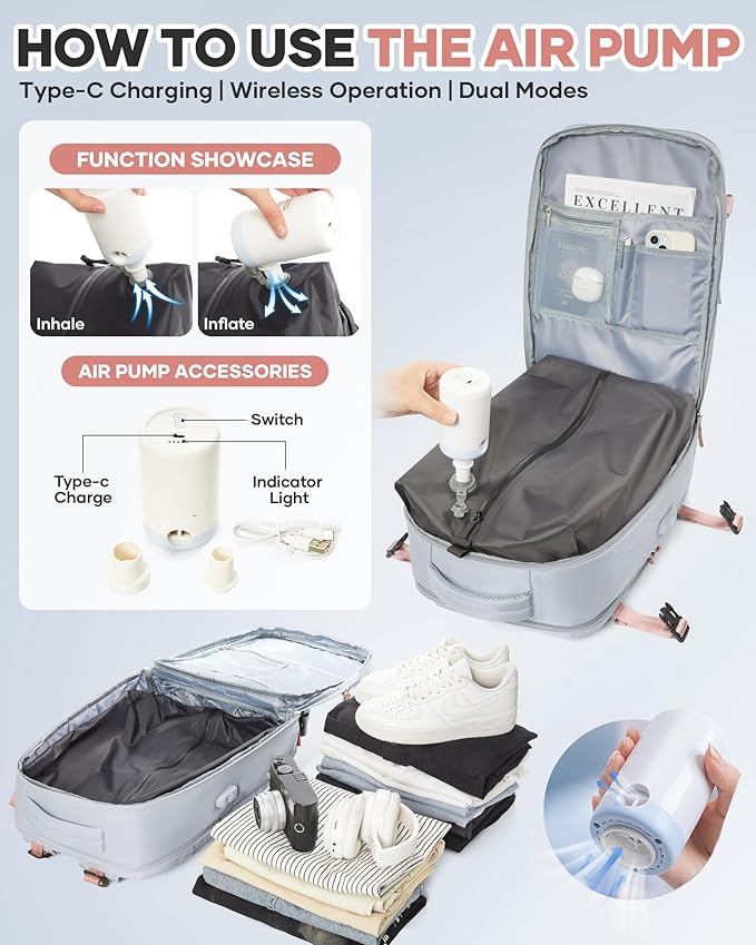 Vacuum Seal Travel Backpack with Air Pump,Compression Vacpack Waterproof Carry On Backpack for Travel Women Men with Vacuum System,Airlines Approved Daypack Laptop Space Saver Bags,Grey