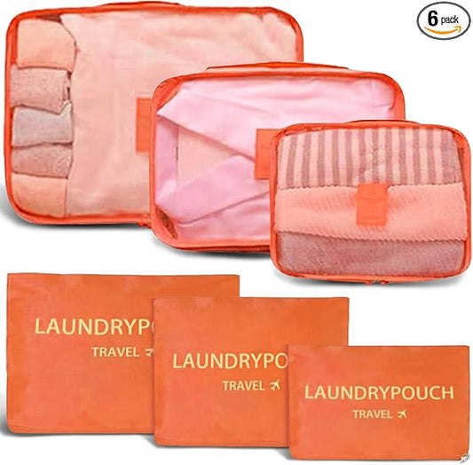 6 Set Packing Cubes for Travel Luggage Packing Bags Reusable Waterproof Suitcase Organizer Bags Set with Shoe Bag and Toiletry Bag (Orange)