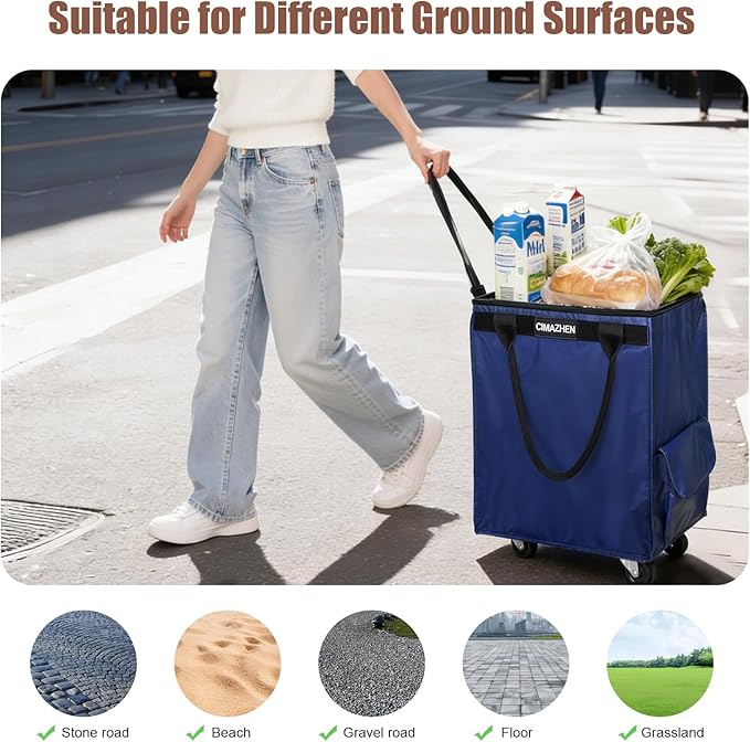 (Medium,Blue) Reusable Grocery Bag on 4 Wheels, Foldable Rolling Tote Bag with 3 Handles and Zipper, Storage Organizer for Groceries, Rolling Shopping Cart for Travel, 76lb
